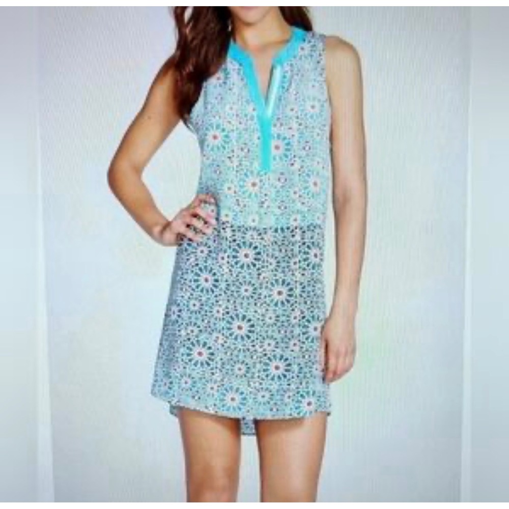 Charlie Jade Mini Dress XS Blue Geometric Mosaic 100% Silk Shift Boho Beach